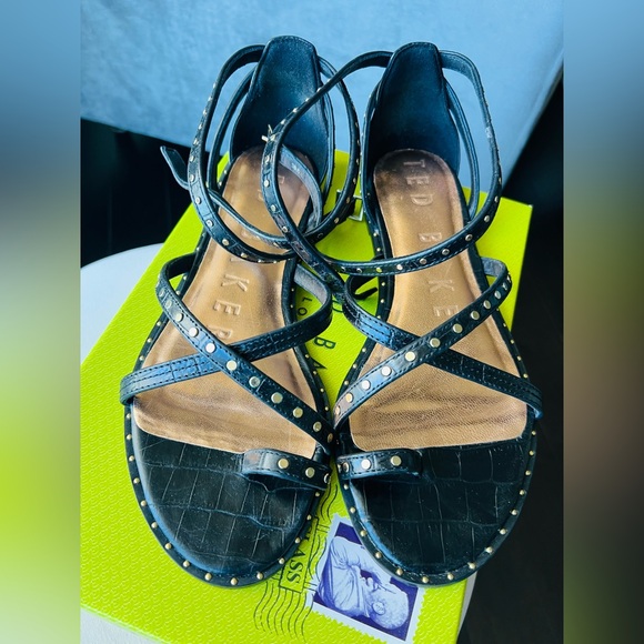 Ted Baker black leather gold studded gladiator sandal. - Picture 4 of 5